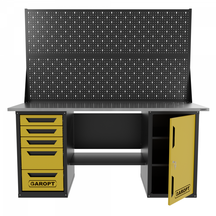 Верстак двухтумбовый дверь/5 ящиков с двумя экранами, желтый 1800*700 Garopt, GT1800DY5PP2.yell