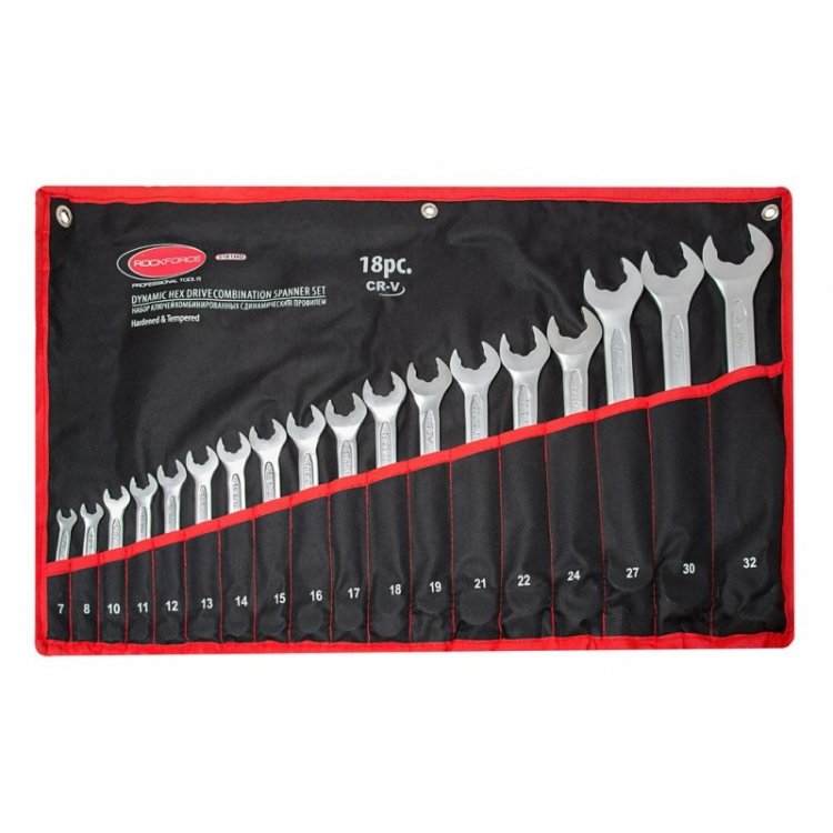 Набор ключей комбинированных с динамическим профилем, 18пр. (7, 8, 10-19, 21, 22, 24, 27, 30, 32мм), на полотне