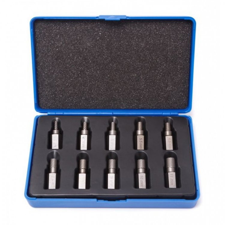 Набор бит-экстракторов для извлечения поврежденных болтов 10пр. (M3.5-M4-M5-M6-M6.5-M7.5-M8-M9-M10-M11), пластиковом кейсе
