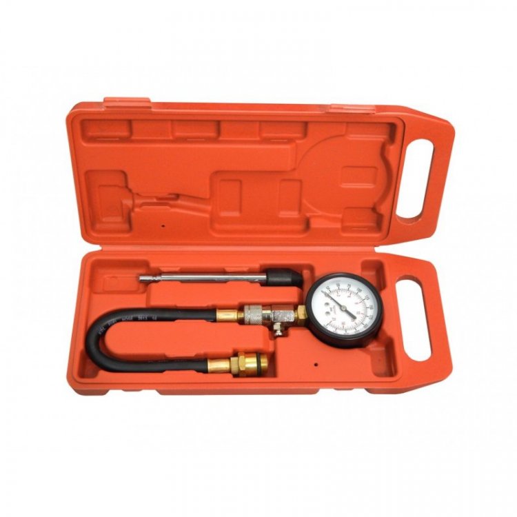 Индикатор компрессии бензинового двигателя (0-21Bar, М14, М18 + жесткий прижимной адаптер-переходник) 3пр., в кейсе