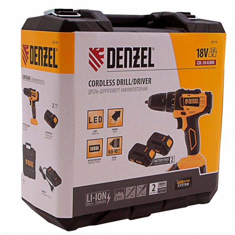 Дрель-шуруповерт аккумуляторная CDL-18-02BM, Li-Ion, 18 В, 2 акк.// Denzel