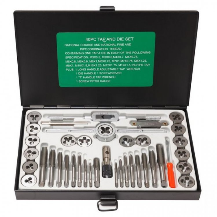 Набор метчиков и плашек метрический 40пр. (М3х0.5/0.6, М4х0.7/0.75, М5х0.8/0.9, М6х0.75/1, М7х0.75/1,М8х1/1.25, М10х1.25/1.5, М12х1.5/1.75), в металли