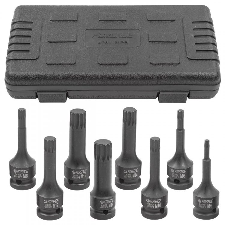Набор головок-бит SPLINE ударных 8пр.,1/2"(M5, M6, M8, M10, M12, M14, M16, M18), в кейсе