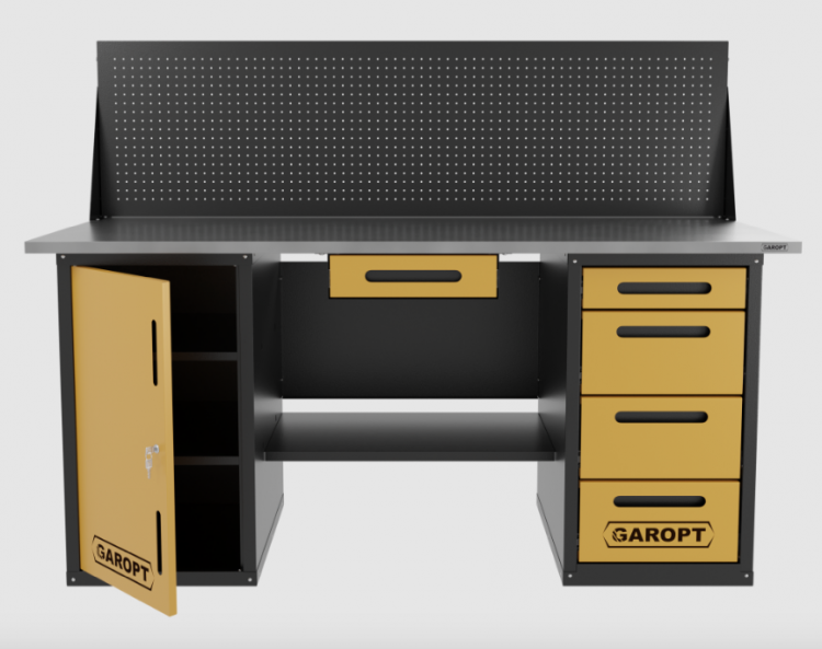 Верстак двухтумбовый дверь/4 ящиков с экраном и ящиком, желтый 1800*700 Garopt, GT1800DY1Y4PP.yell Верстак двухтумбовый дверь/4 ящиков с экраном и ящиком, желтый 1800*700 Garopt, GT1800DY1Y4PP.yell