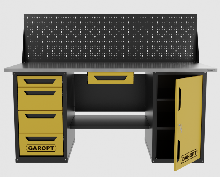 Верстак двухтумбовый дверь/4 ящиков с экраном и ящиком, желтый 1800*700 Garopt, GT1800DY1Y4PP.yell