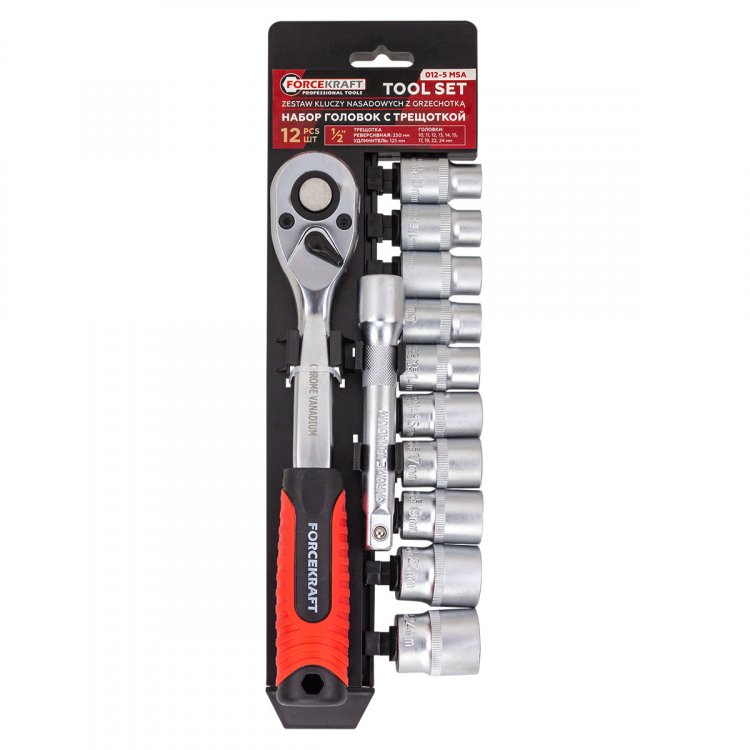 Набор инструментов, головки (10-15, 17, 19, 22, 24мм) с трещоткой и удлинителем, набор 12пр., 1/2"