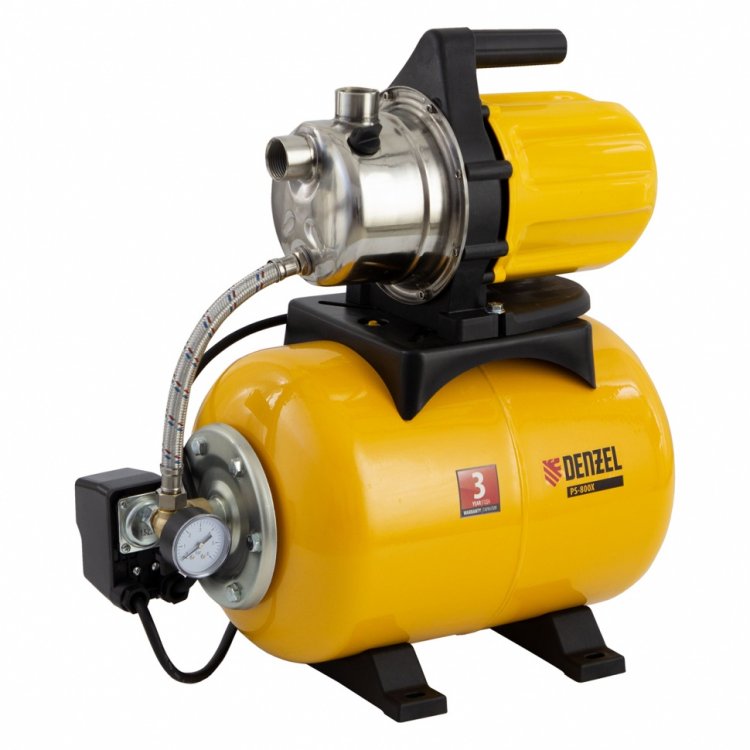 Насосная станция PS800X, 800 Вт, 3200 л/ч, ресивер 24 л, напор 38 м, нержавейка// Denzel Насосная станция PS800X, 800 Вт, 3200 л/ч, ресивер 24 л, напор 38 м, нержавейка// Denzel
