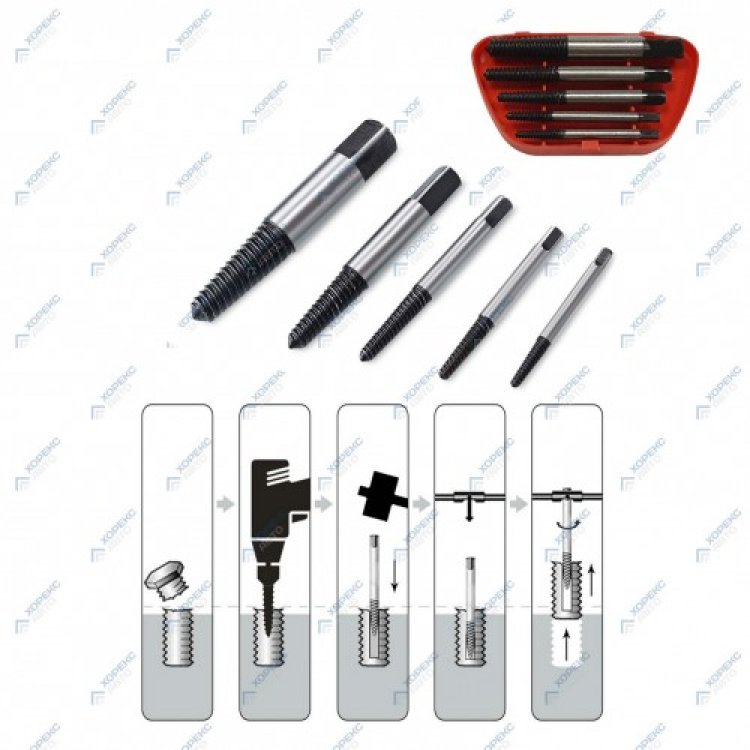 Набор экстракторов для поврежденных болтов 5 предметов (3-19мм), арт. № HZ 24.1.061S, horex