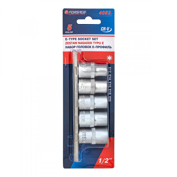 Набор головок Е-профиль 5пр. 1/2" (E12,E14,E16,E18,E20), на планке Набор головок Е-профиль 5пр. 1/2" (E12,E14,E16,E18,E20), на планке
