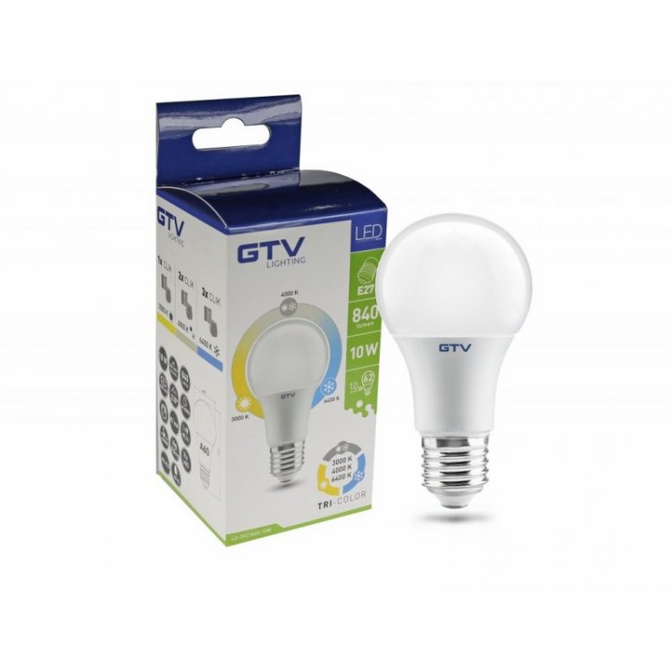 Лампочка светодиодная E27, A60, TRI-COLOR 3000/4000/6400K, 10W, AC220-240V, 220град, 840lm Лампочка светодиодная E27, A60, TRI-COLOR 3000/4000/6400K, 10W, AC220-240V, 220град, 840lm