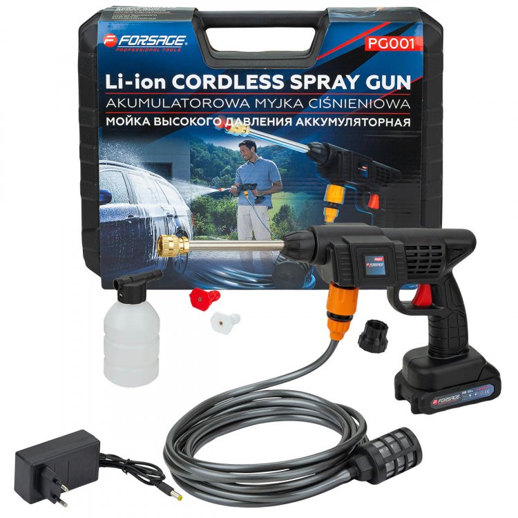 Мойка высокого давления аккумуляторная (20В,15 Бар,2.8 л/мин, батарея 1500 мАч, зарядка 3-5ч, щеточный двигатель)