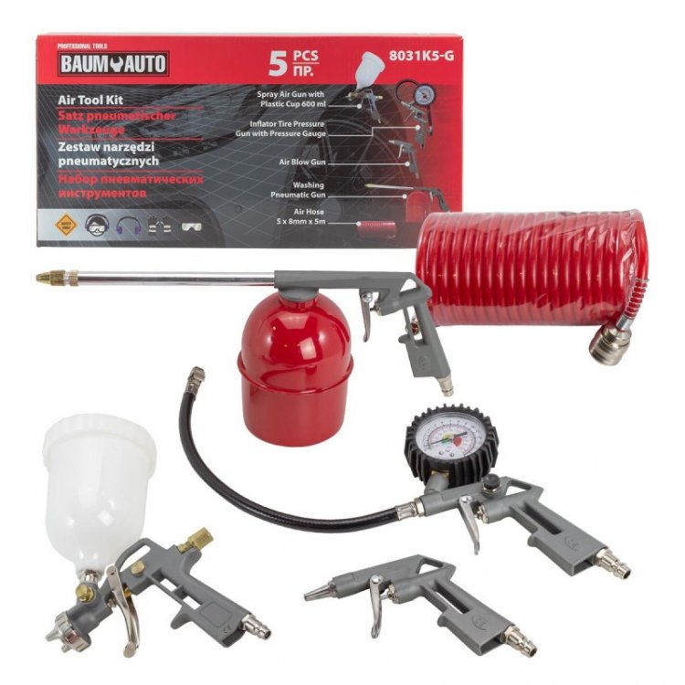 Набор пневмоинструмента 5пр.(краскопульт-сопло 1.5мм,обдувочник,подкачка,промывка+шланг 5м) Набор пневмоинструмента 5пр.(краскопульт-сопло 1.5мм,обдувочник,подкачка,промывка+шланг 5м)