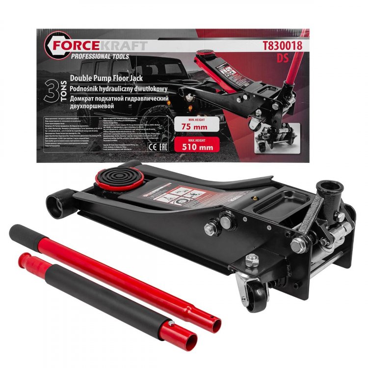Домкрат подкатной  гидравлический двухпоршневой 3т низкопрофильный с прорезиненной накладкой на рукоятке (h min 75мм, h max 510мм)