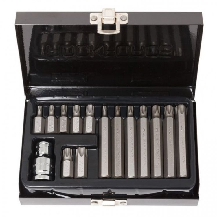 Набор бит TORX с отверстием и битодержателем,15пр. 1/2"(L: 30/75мм; Т20,Т25,Т30,Т40,Т45,Т50,Т55), в металлическом кейсе