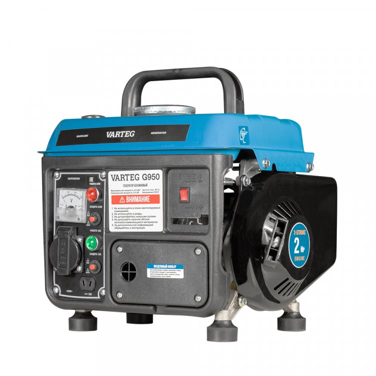 Электростанция бензиновая Varteg G950, Китай - Бензиновый генератор VARTEG G950 (600 Вт / 800 Вт; 1 * 230 В / 16 А + 12 В / 5А (провода в комплекте); 2T (!); ручка; стрелочный вольтметр; 4.2 л топливный бак) (арт. 5817)