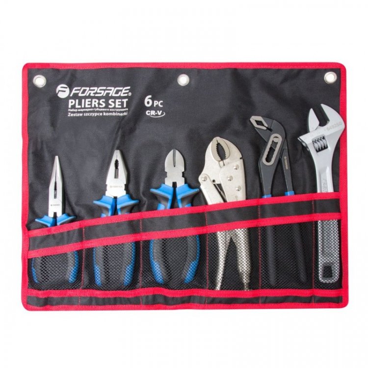 Набор шарнирно-губцевого инструмента 6пр.(бокорезы, плоскогубцы, утконосы, зажим гейферный, пассатижи переставные, ключ разводной), на полотне