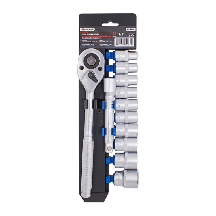 Набор головок с трещоткой и удлинителем 12пр.1/2''(6гр)(10-15,17,19,22,24мм),в пласт. держателе