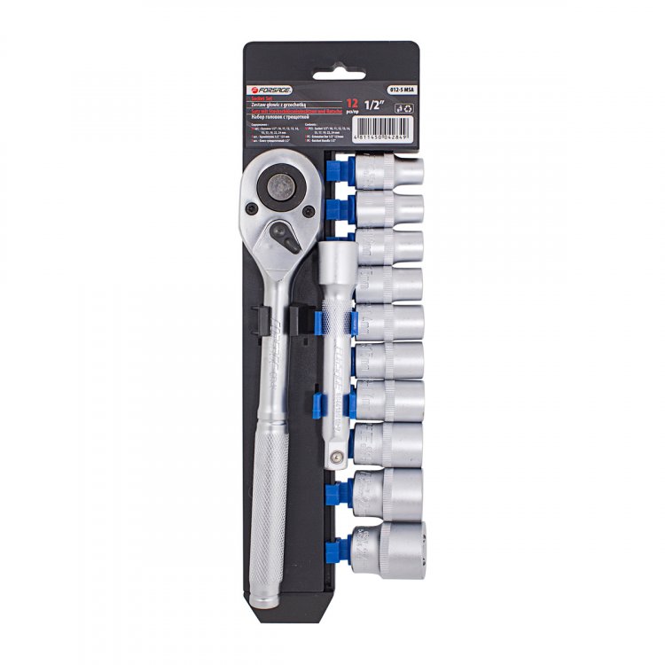 Набор головок с трещоткой и удлинителем 12пр.1/2''(6гр)(10-15,17,19,22,24мм),в пласт. держателе