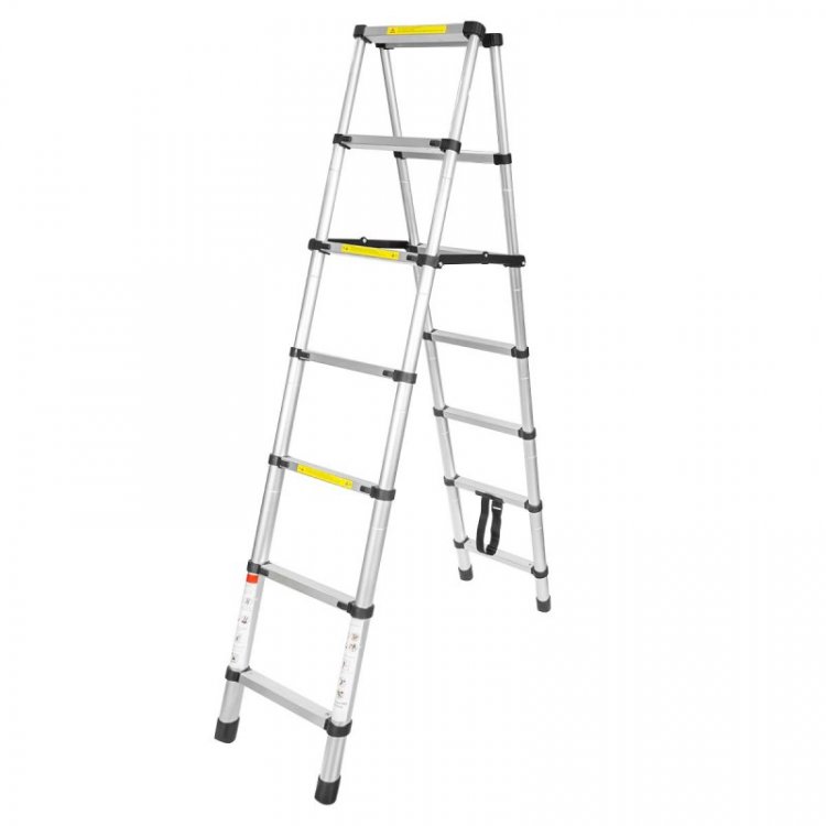 Лестница телескопическая двухсекционная (0.7-2.0+2.0м,6+6ступенек, max нагрузка 150кг, вес 9,6кг)