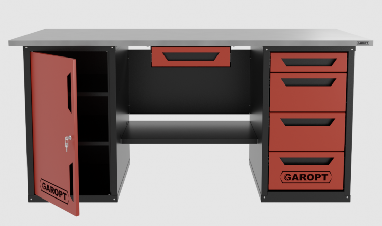 Верстак с ящиком двухтумбовый дверь/4 ящиков, красный 1800*700 Garopt, GT1800DY1Y4.red