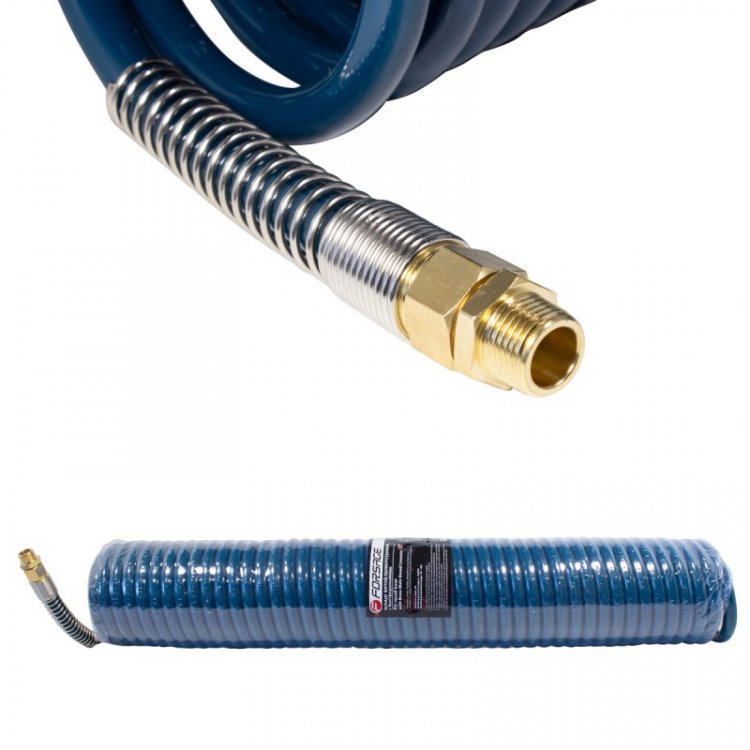 Шланг витой полиуретановый 12мм х 18мм х 20м с резьбовыми наконечниками наруж. резьба 1/2" (латунь, максимальное давление - 15bar, рабочая температура Шланг витой полиуретановый 12мм х 18мм х 20м с резьбовыми наконечниками наруж. резьба 1/2" (латунь, максимальное давление - 15bar, рабочая температура