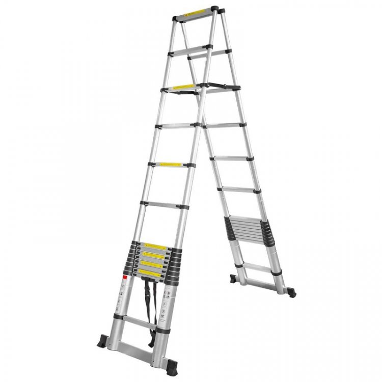 Лестница телескопическая двухсекционная (0.9-4.4+4.4м,14+14ступенек, max нагрузка 150кг, вес 23,2кг)