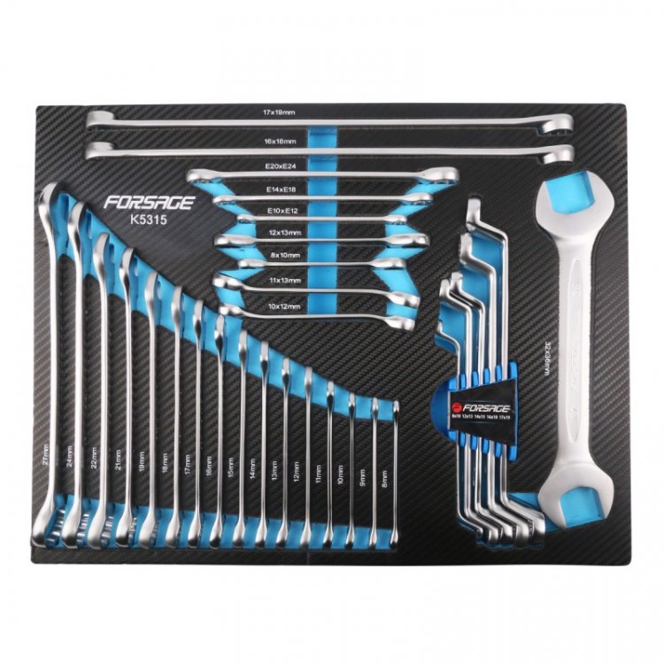 Набор ключей 31пр(комбинированные:8-27мм,накидные удл.-е:6-19мм,накидные:8-19мм,разр.-е:10-13мм;трещоточ-е:8-13мм,рожковый 32х36мм,Е10-Е24)в ложементе