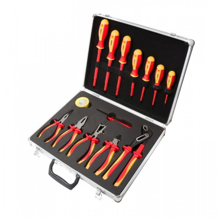 Набор инструмента диэлектрического 14 пр.(Отвертки:РН:0х60,3х150; РZ2х100;SL:4х75,4x100,6.5х150,8х175;индикатор;+шарнирно-губцевый)в кейсе "Premium"