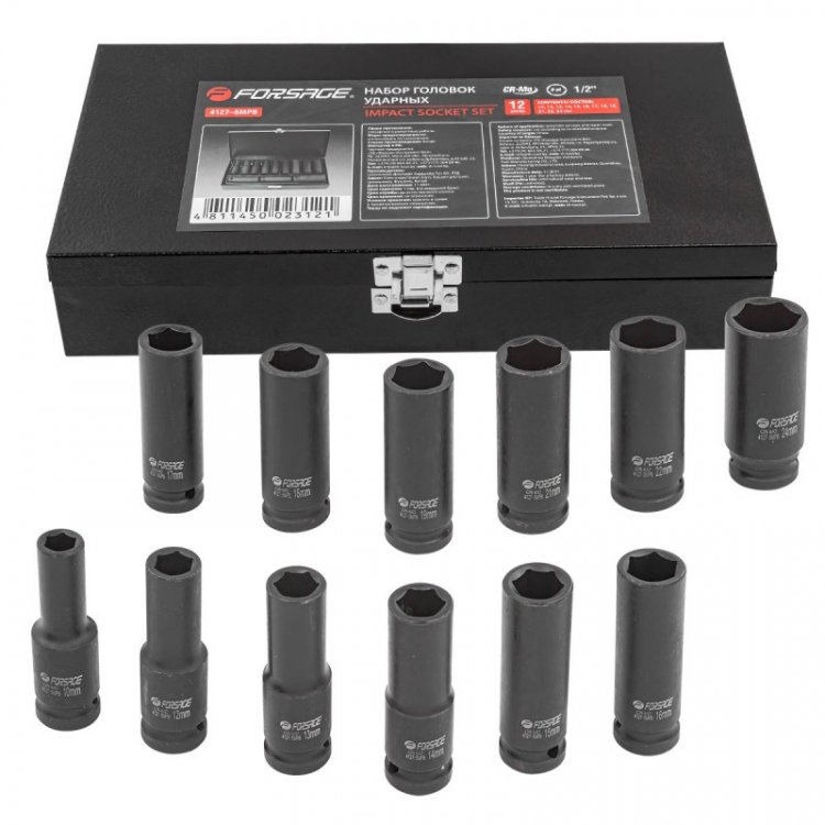 Набор головок ударных глубоких 12пр.,1/2" 6гр.(10,12-19,21,22,24мм), в металлическом кейсе Набор головок ударных глубоких 12пр.,1/2" 6гр.(10,12-19,21,22,24мм), в металлическом кейсе