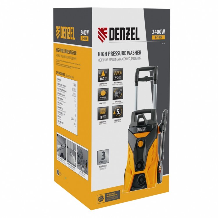 Моечная машина высокого давления R-180i, 2400 Вт, 180 бар, 7,5 л/мин, асинх. двиг.// Denzel Моечная машина высокого давления R-180i, 2400 Вт, 180 бар, 7,5 л/мин, асинх. двиг.// Denzel