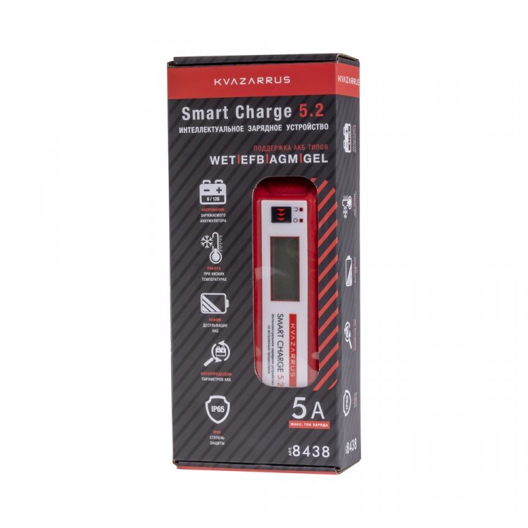 Зарядное устройство KVAZARRUS Smart Charge 5.2 - Зарядное устройство KVAZARRUS Smart Charge 5.2 (6В / 12В; AGM / GEL / WET / MF; max 5A; -20~+60; защита от КЗ, несоблюдения полярности, перегрева, перезаряда; автоматическое определения типа и напряжен