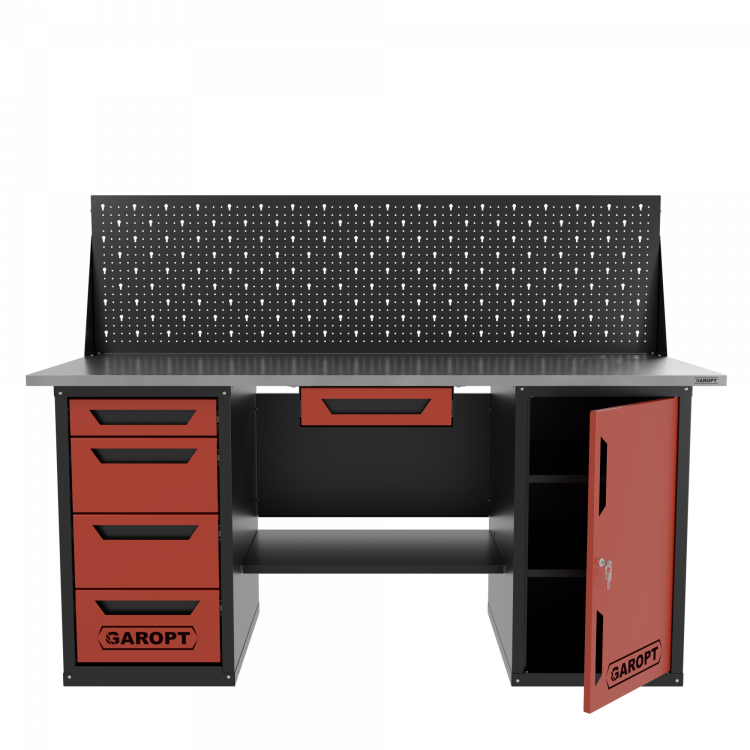 Верстак двухтумбовый дверь/4 ящиков с экраном и ящиком, красный 1800*700 Garopt, GT1800DY1Y4PP.red