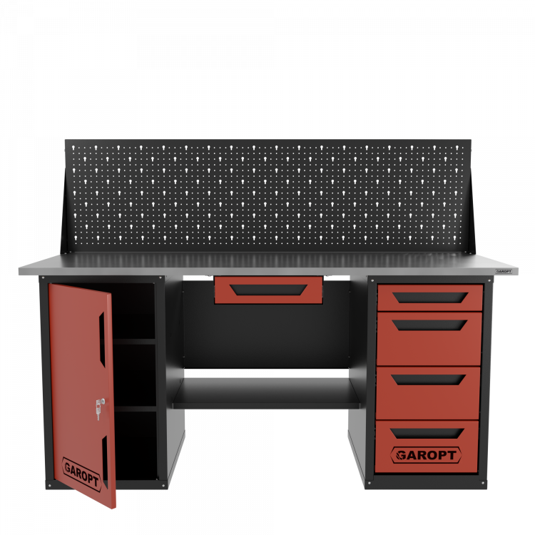 Верстак двухтумбовый дверь/4 ящиков с экраном и ящиком, красный 1800*700 Garopt, GT1800DY1Y4PP.red