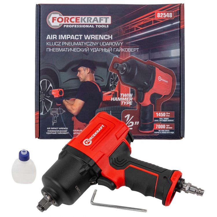 Пневмогайковерт ударный "Twin Hammer" с реверсом и регулировкой усилия в облегченном корпусе 1/2" (1450Hм, 7000 об/мин,6.3bar,198 л/мин,вес 2кг)