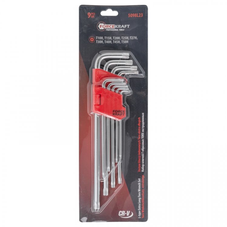 Набор ключей Г-образных TORX экстра длинных c отверстием CR-V, 9пр. (Т10,15,20,25,27,30,40,45,Т50), на пластиковом держателе