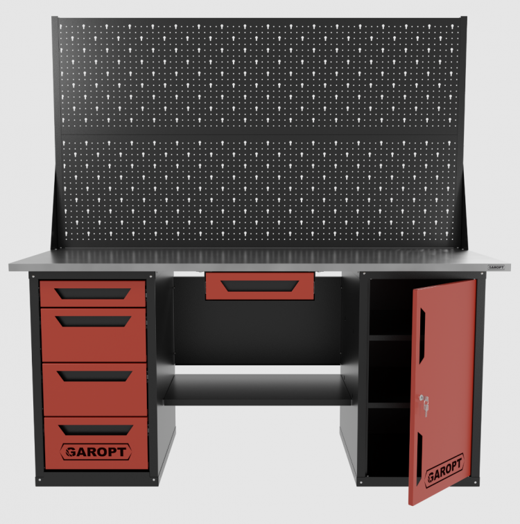 Верстак двухтумбовый дверь/4 ящиков с двумя экранами и ящиком, красный 1800*700 Garopt, GT1800DY1Y4PP2.red Верстак двухтумбовый дверь/4 ящиков с двумя экранами и ящиком, красный 1800*700 Garopt, GT1800DY1Y4PP2.red