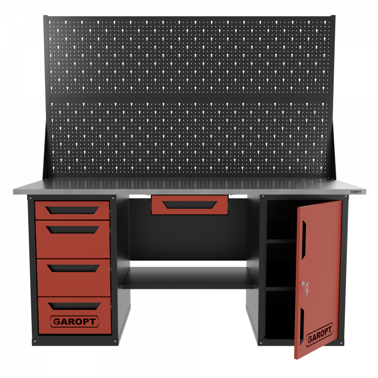 Верстак двухтумбовый дверь/4 ящиков с двумя экранами и ящиком, красный 1800*700 Garopt, GT1800DY1Y4PP2.red