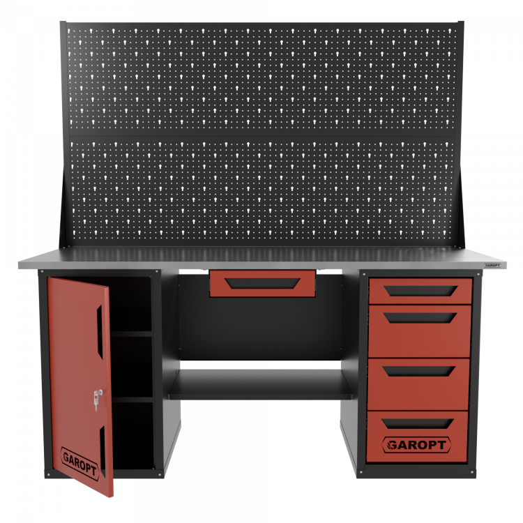 Верстак двухтумбовый дверь/4 ящиков с двумя экранами и ящиком, красный 1800*700 Garopt, GT1800DY1Y4PP2.red