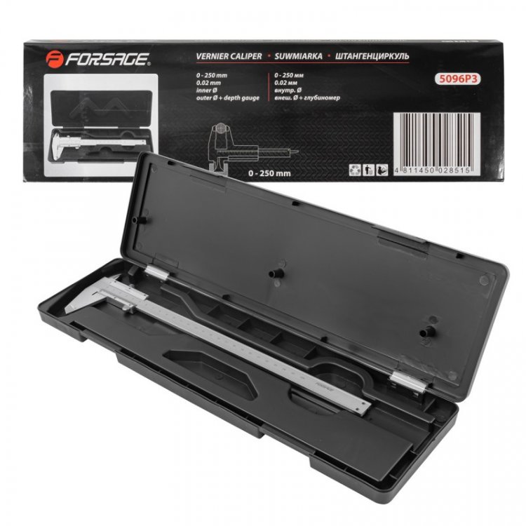 Штангенциркуль (0-250мм, 0.02мм; внутр. Ø, наруж. Ø + глубиномер), в пластиковом футляре