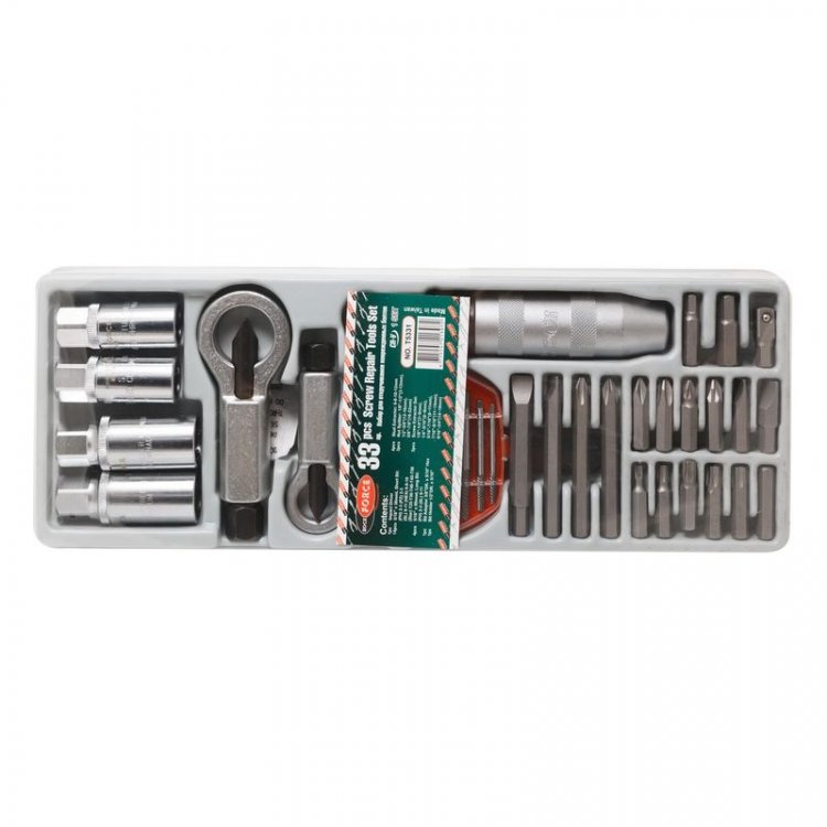 Набор для откручивания поврежденных болтов, гаек и шпилек 33пр. в лотке Набор для откручивания поврежденных болтов, гаек и шпилек 33пр. в лотке