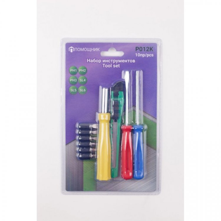 Набор инструментов 10 пр.(биты:PH1,2,3 SL 4,5,6мм; отвертка-битодержатель 120мм; отвертки: PH1х75мм,SL 4х72мм,нож канцелярский),в блистере Набор инструментов 10 пр.(биты:PH1,2,3 SL 4,5,6мм; отвертка-битодержатель 120мм; отвертки: PH1х75мм,SL 4х72мм,нож канцелярский),в блистере
