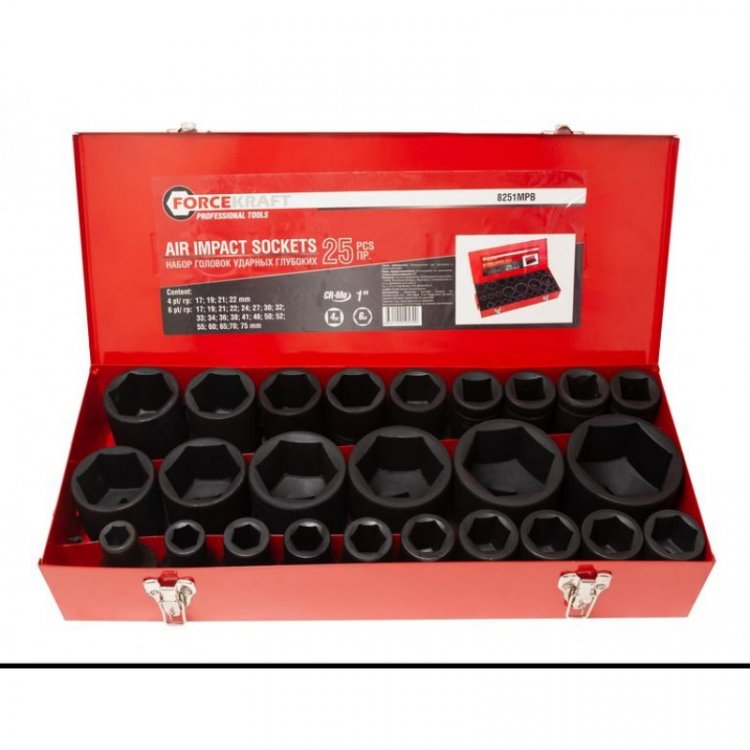 Набор головок ударных глубоких 25пр,1" 4гр./6гр(17,19,21,22-4гр.;17,19,21,22,24,27,30,32,33,34,36,38,41,46,50,52,55,60,65,70,75мм-6гр.)в метал. кейсе