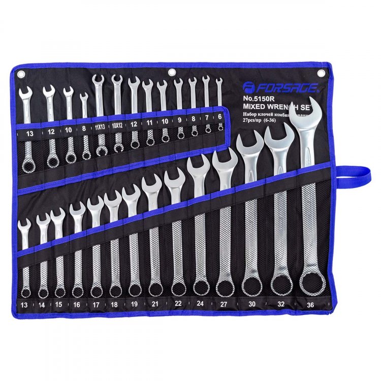 Набор ключей комбинированных универсальный 27пр.(6-36мм),разрезные 2пр(10-12,11-13мм) трещоточные 4пр(8-13мм) на полотне