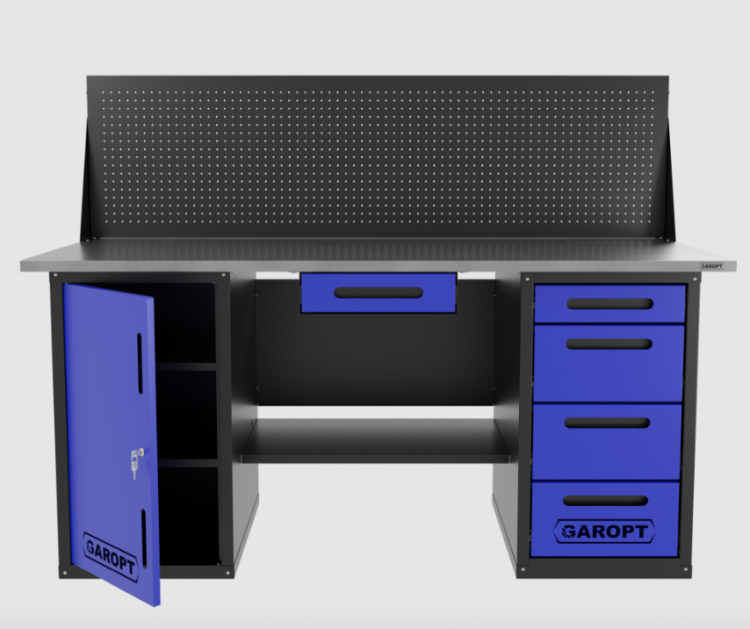 Верстак двухтумбовый дверь/4 ящиков с экраном и ящиком, синий 1800*700 Garopt, GT1800DY1Y4PP.blue