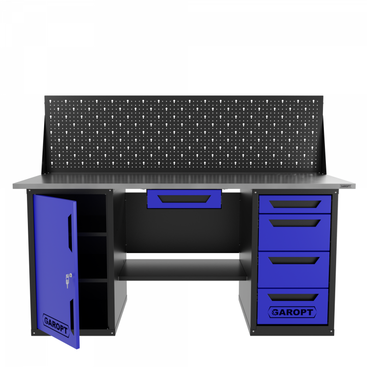 Верстак двухтумбовый дверь/4 ящиков с экраном и ящиком, синий 1800*700 Garopt, GT1800DY1Y4PP.blue