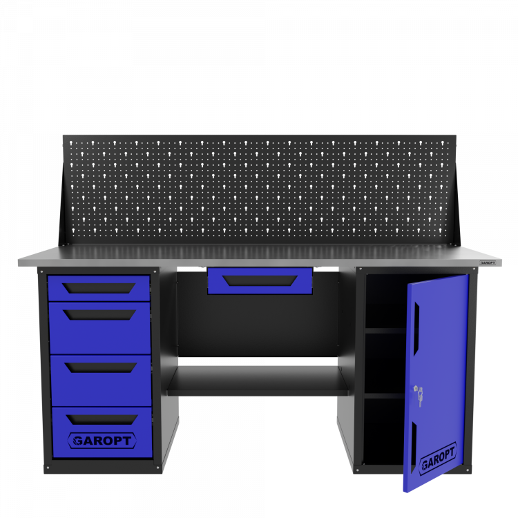 Верстак двухтумбовый дверь/4 ящиков с экраном и ящиком, синий 1800*700 Garopt, GT1800DY1Y4PP.blue