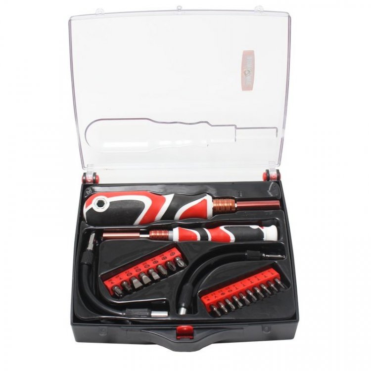 Набор отверток телескопических усиленных для ювелирных и точных работ с гибкими удлинителями и комплектом бит 22пр в пластиковом футляре