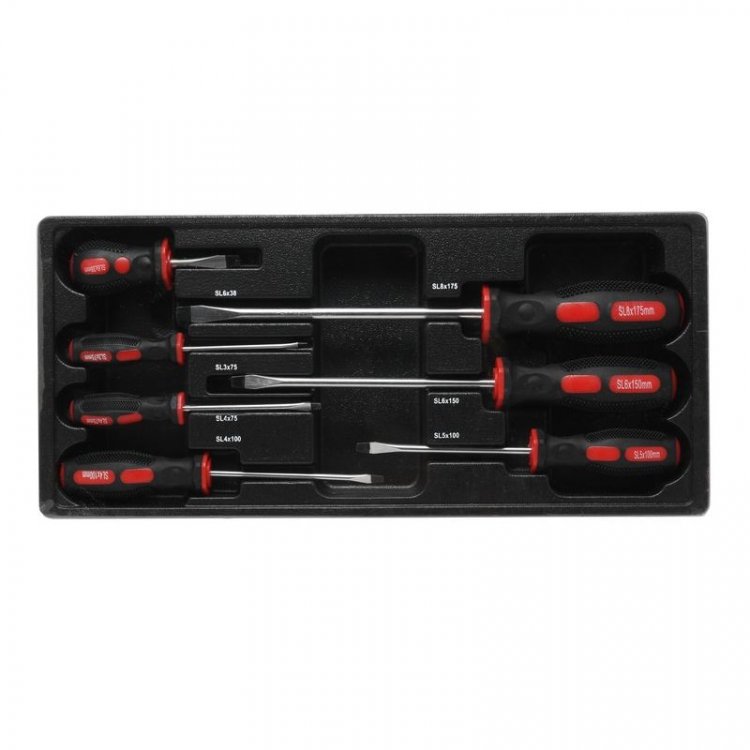 Набор отверток шлицевых (SL: 6x38, 3x75, 4x75,4x100, 5x100, 6x150, 8x175мм), 7пр. в лотке