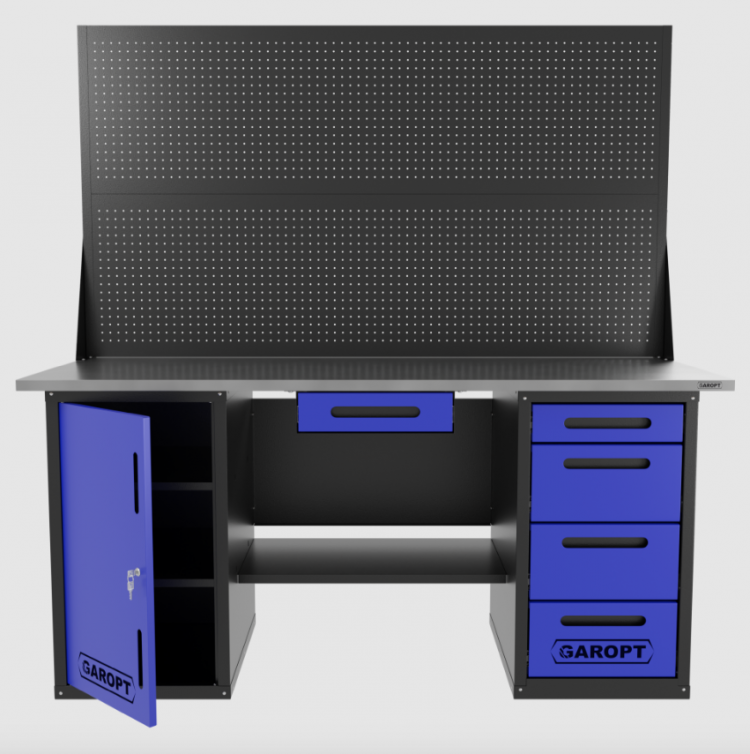 Верстак двухтумбовый дверь/4 ящиков с двумя экранами и ящиком, синий 1800*700 Garopt, GT1800DY1Y4PP2.blue Верстак двухтумбовый дверь/4 ящиков с двумя экранами и ящиком, синий 1800*700 Garopt, GT1800DY1Y4PP2.blue