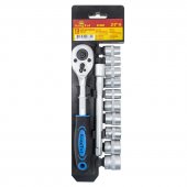 Набор головок с трещоткой и удлинителем в пласт. держателе 13пр. 3/8" (8-19мм, 6-гран.) Набор головок с трещоткой и удлинителем в пласт. держателе 13пр. 3/8" (8-19мм, 6-гран.)